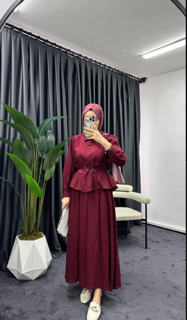 Soft Bordo Renk Fırfırlı Etekli Takım - Yazlık Rahat Şık Tesettür Takım