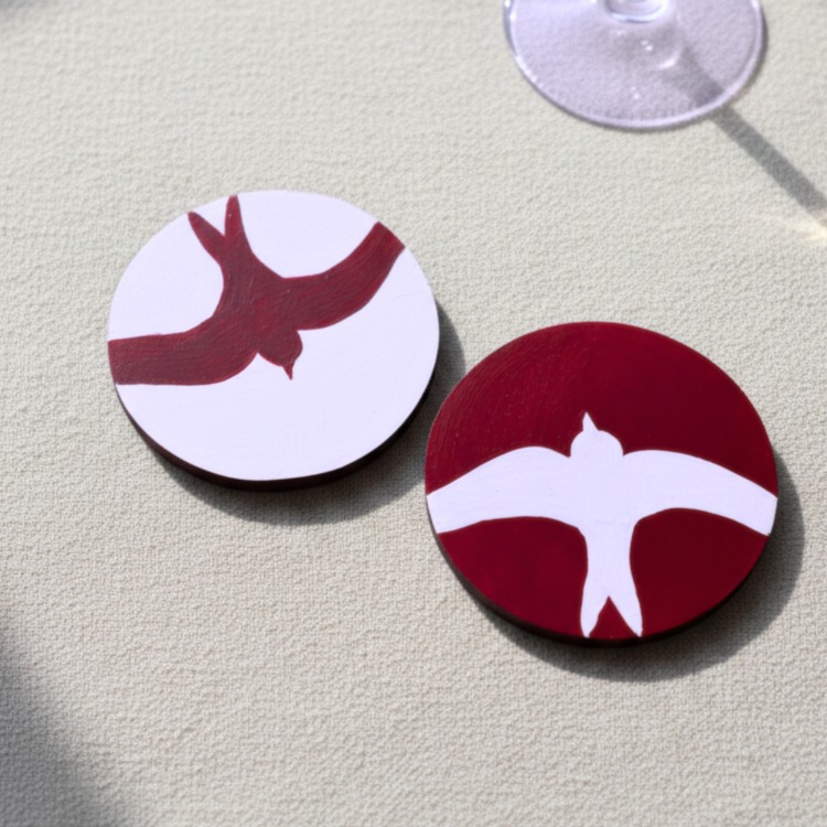 Kuşlar (Bordo) - El Üretimi Ahşap Bardak Altlığı 2'li