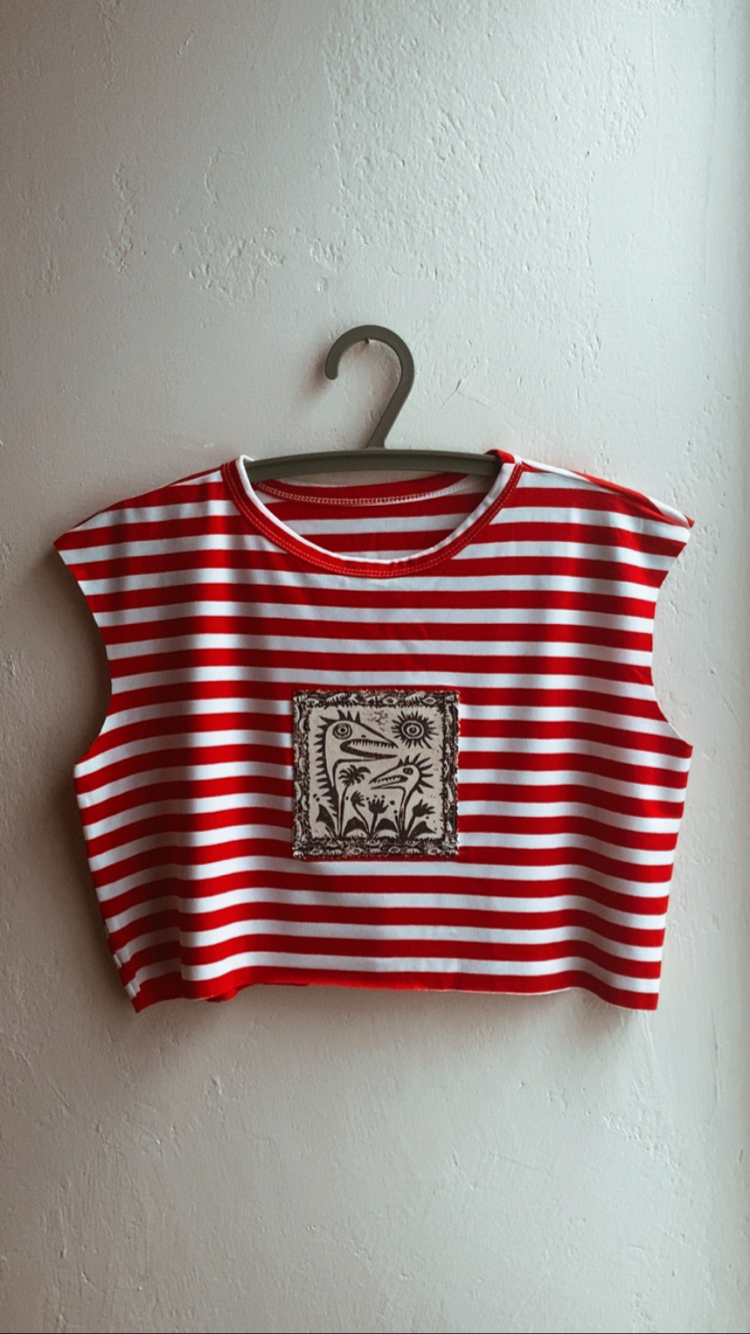 Canavar Çiçek Yamalı Kırmızı Çizgili Crop Top