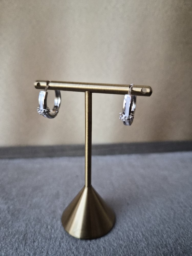 Beyaz Şerit Detaylı Silver Halka Küpe