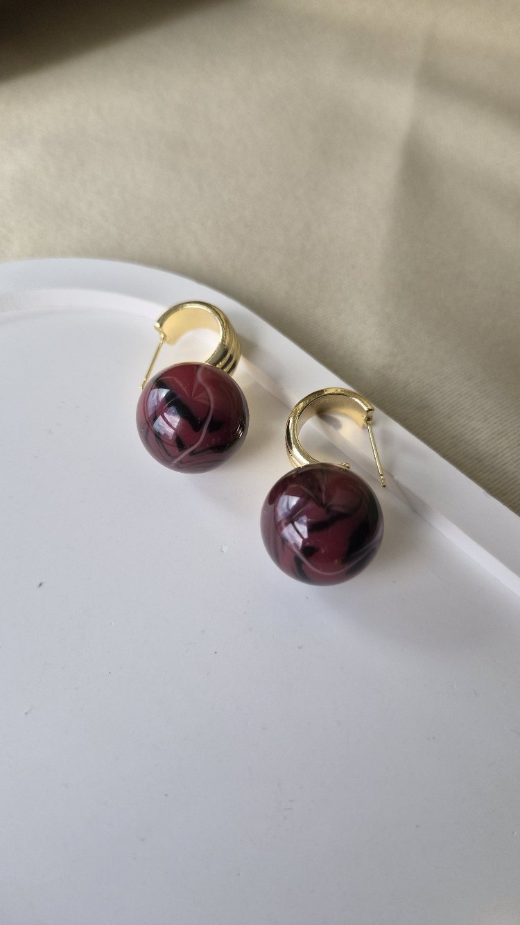 Çelik 14K Bordo Taşlı Küpe