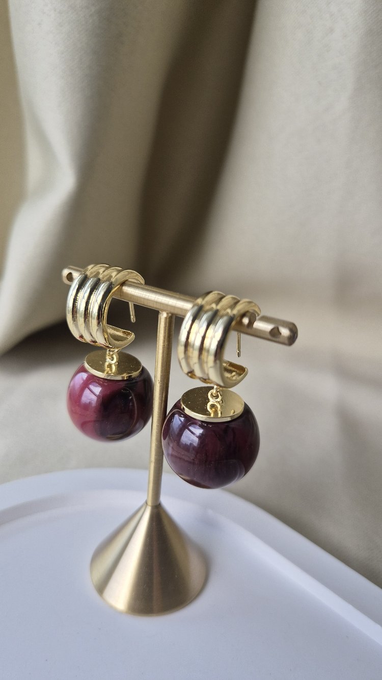 Çelik 14K Bordo Taşlı Küpe