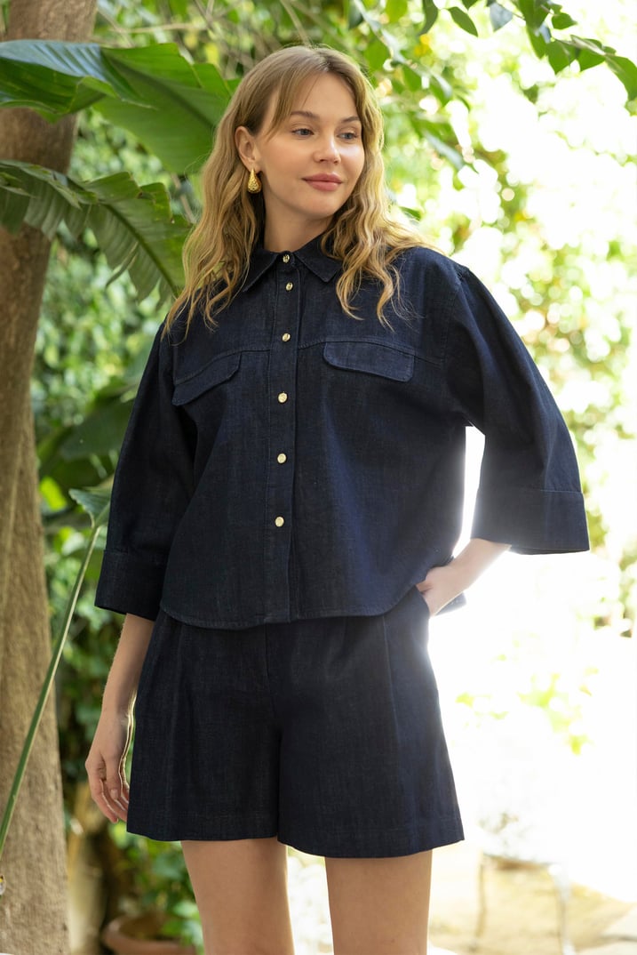 Denim Lacivert Gömlek Şort Takım