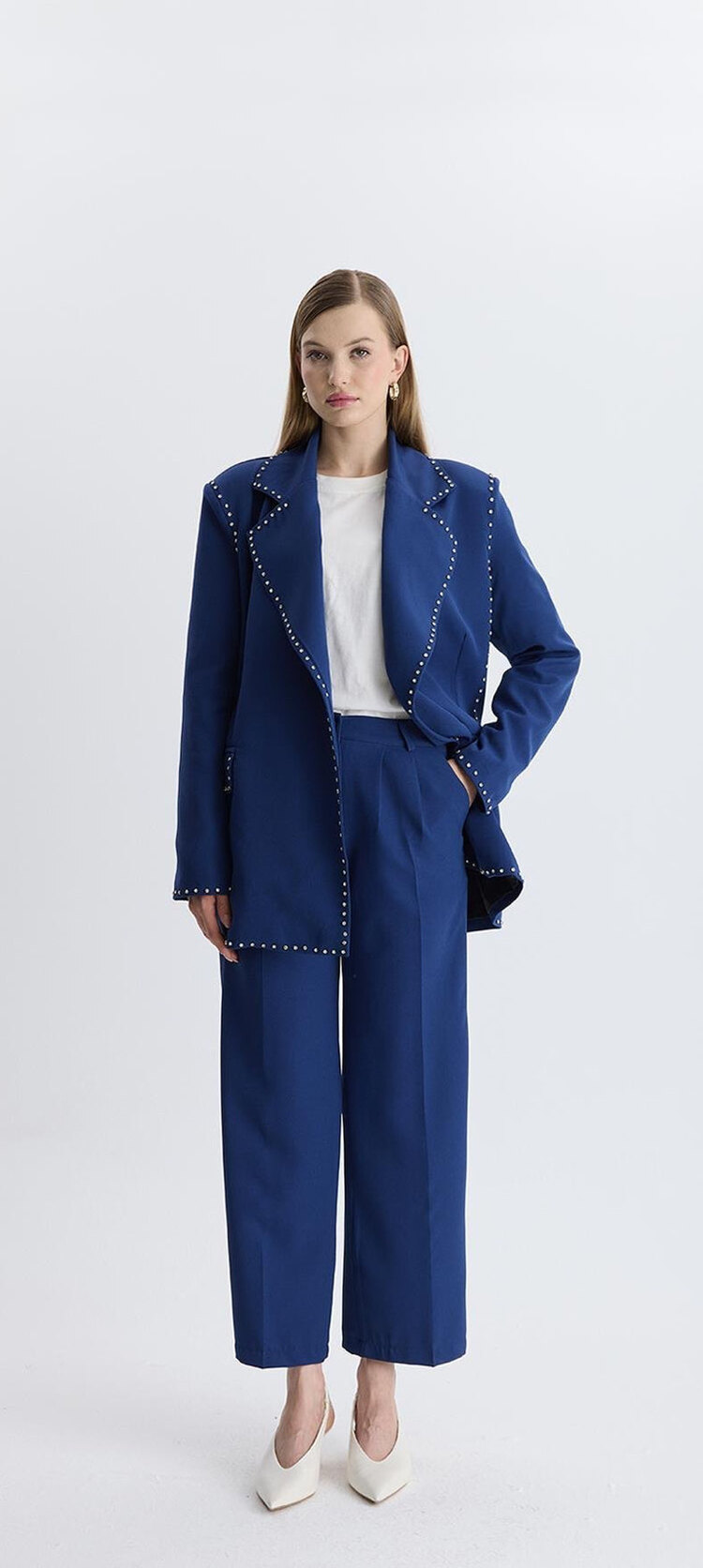 DÜĞME İŞLEMELİ TASARIM BLAZER TAKIM - LACİVERT