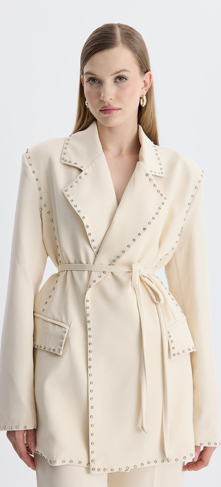DÜĞME İŞLEMELİ TASARIM BLAZER TAKIM - TAŞ