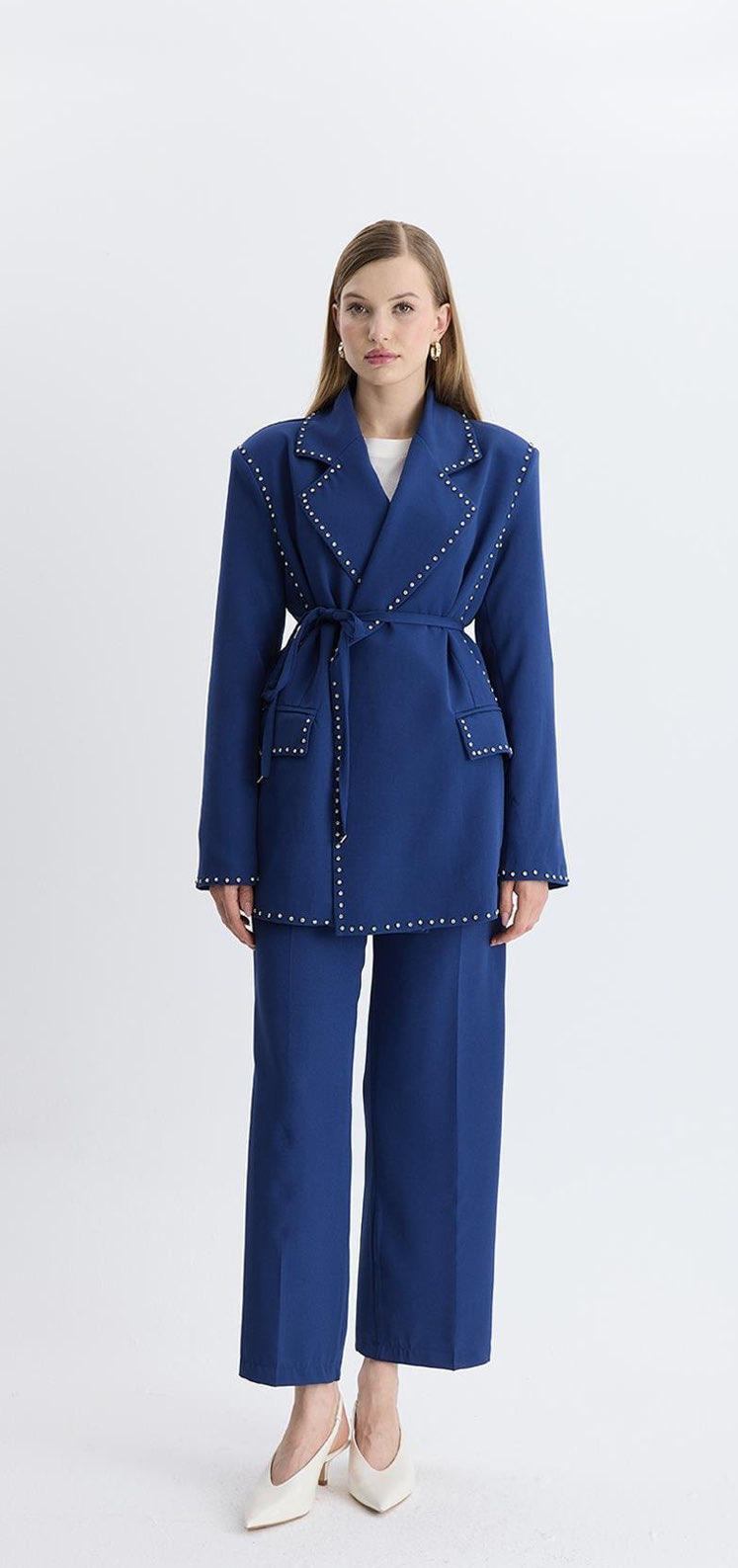 DÜĞME İŞLEMELİ TASARIM BLAZER TAKIM - LACİVERT