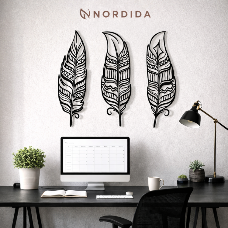 NORDIDA NOCTRA Serisi NTR203 – 3’lü Tüy Metal Duvar Tablosu | 70x25 cm Siyah Lazer Kesim