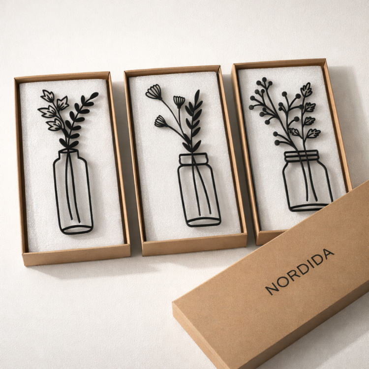 NORDIDA NORTHLINE NLN404 – 3’lü Kavanoz Çiçek Metal Duvar Dekoru (23x50 cm)