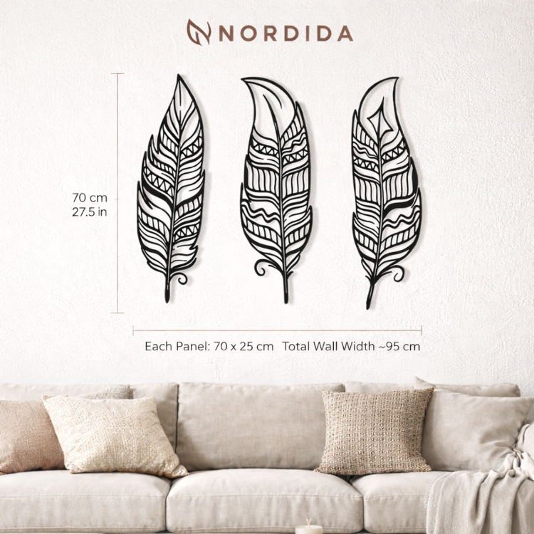 NORDIDA NOCTRA Serisi NTR203 – 3’lü Tüy Metal Duvar Tablosu | 70x25 cm Siyah Lazer Kesim