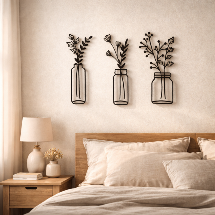 NORDIDA NORTHLINE NLN404 – 3’lü Kavanoz Çiçek Metal Duvar Dekoru (23x50 cm)