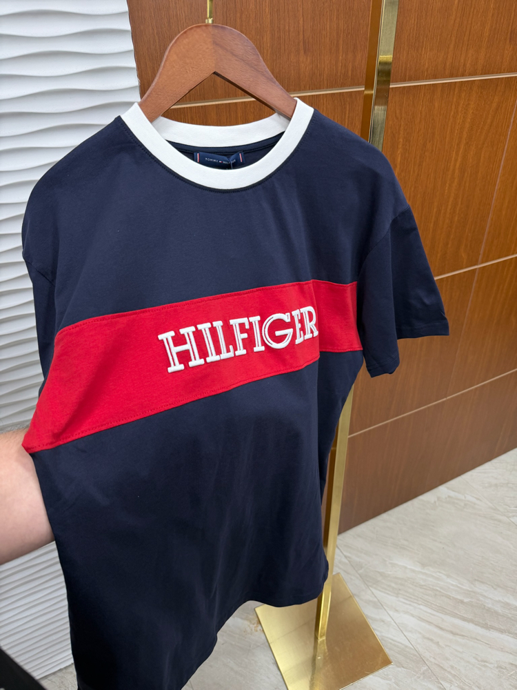 Tommy Göğüs Şeritli İthal Lacivert Tişört