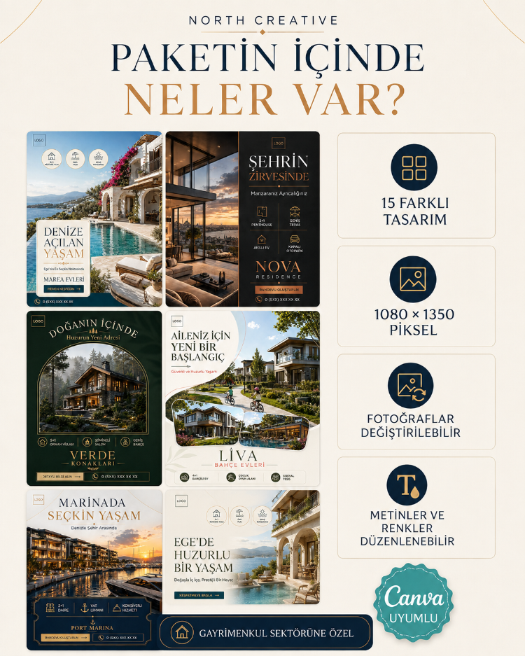 Gayrimenkul 15 Premium Post | Düzenlenebilir Canva Sosyal Medya Şablon Paketi