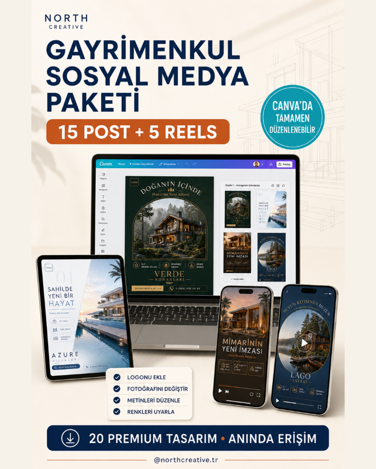 Gayrimenkul Pro 20 | Canva Sosyal Medya Paketi – 15 Premium Post + 5 Reels