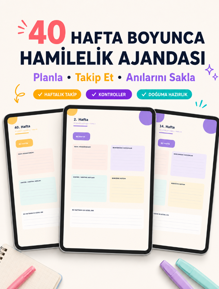 40 Haftalık Dijital Hamilelik Ajandası – Hiperlinkli 50 Sayfa PDF Gebelik Takip Planlayıcısı