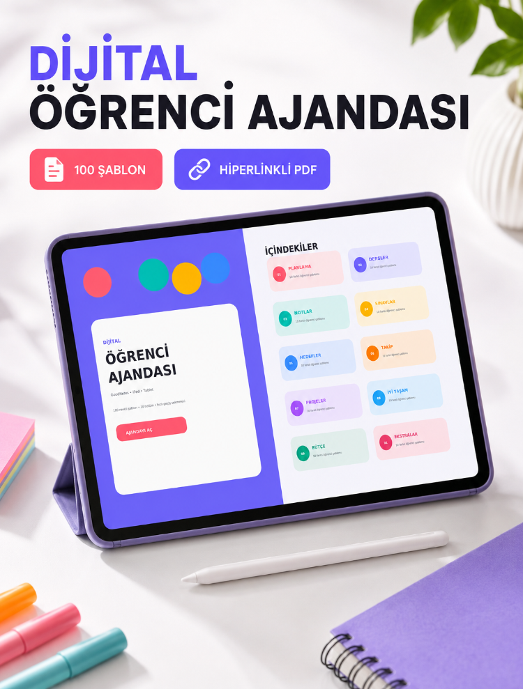 100 Şablonlu Hiperlinkli Dijital Öğrenci Ajandası | iPad, Android ve Tablet Uyumlu PDF