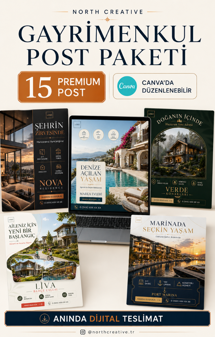 Gayrimenkul 15 Premium Post | Düzenlenebilir Canva Sosyal Medya Şablon Paketi