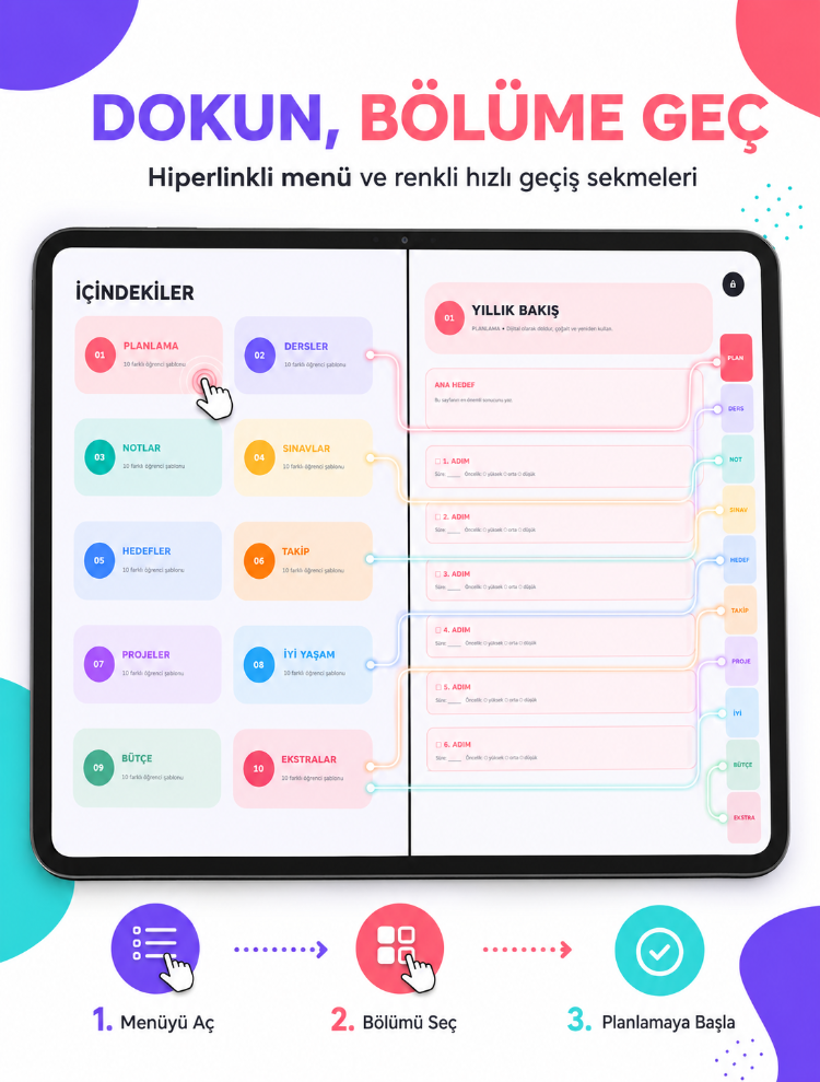 100 Şablonlu Hiperlinkli Dijital Öğrenci Ajandası | iPad, Android ve Tablet Uyumlu PDF