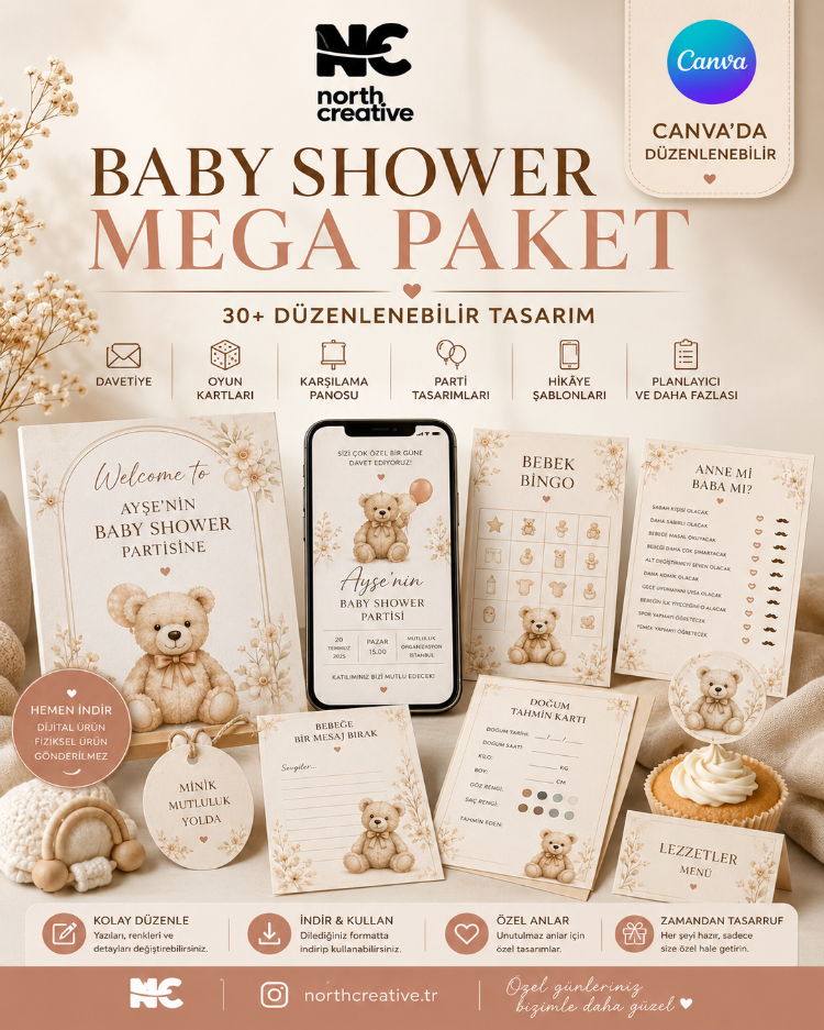 Baby Shower Mega Paket Canva Düzenlenebilir Davetiye ve Parti Şablonları – Dijital Ürün