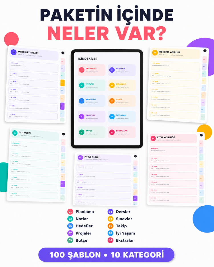 100 Şablonlu Hiperlinkli Dijital Öğrenci Ajandası | iPad, Android ve Tablet Uyumlu PDF