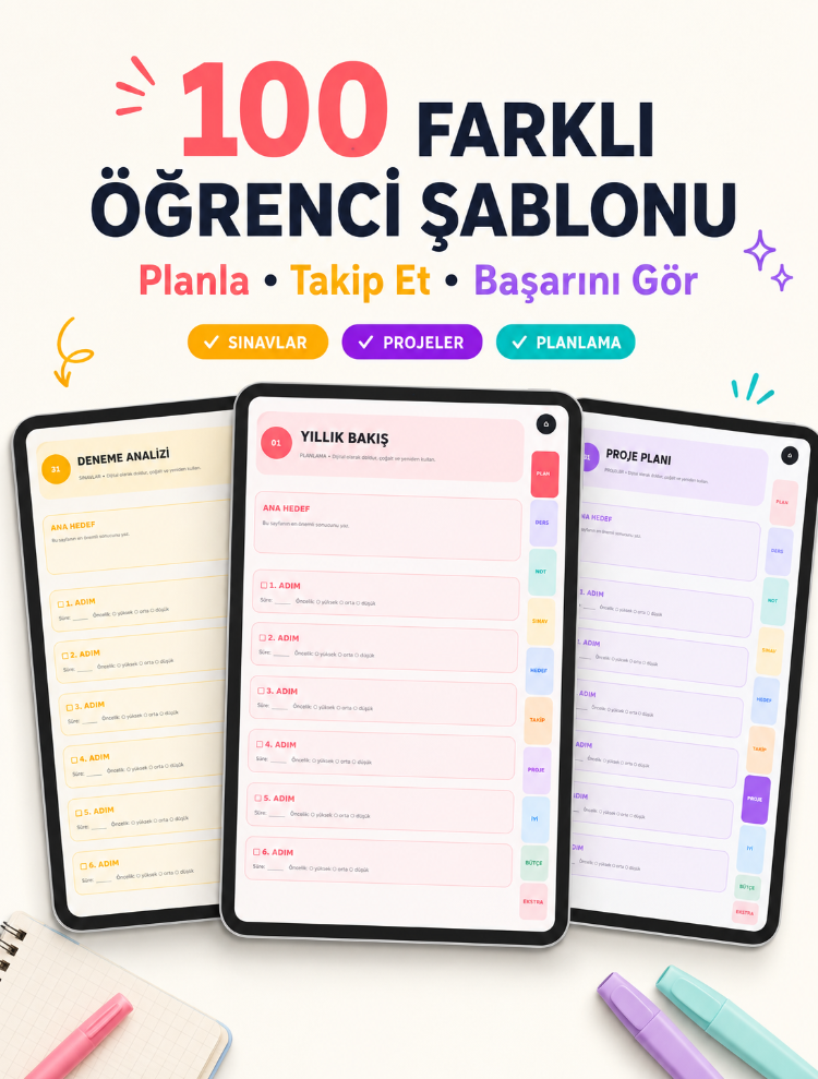 100 Şablonlu Hiperlinkli Dijital Öğrenci Ajandası | iPad, Android ve Tablet Uyumlu PDF