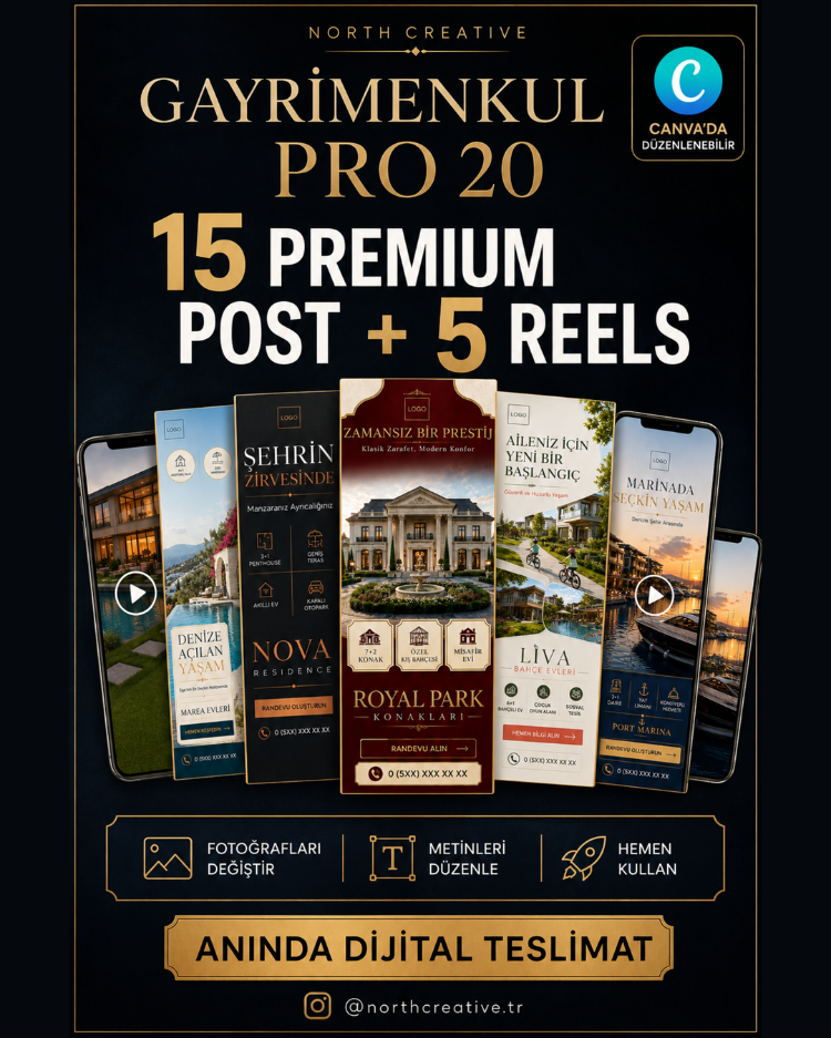 Gayrimenkul Pro 20 | Canva Sosyal Medya Paketi – 15 Premium Post + 5 Reels