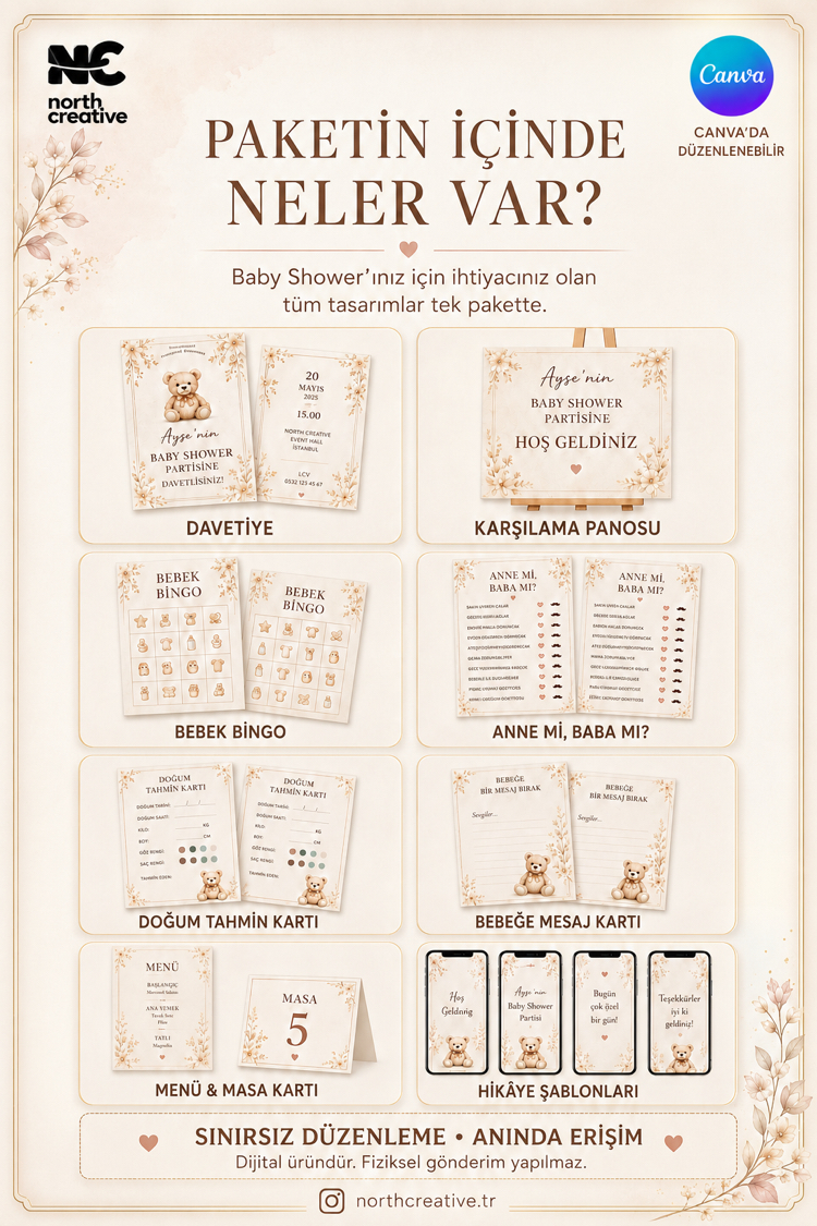 Baby Shower Mega Paket Canva Düzenlenebilir Davetiye ve Parti Şablonları – Dijital Ürün