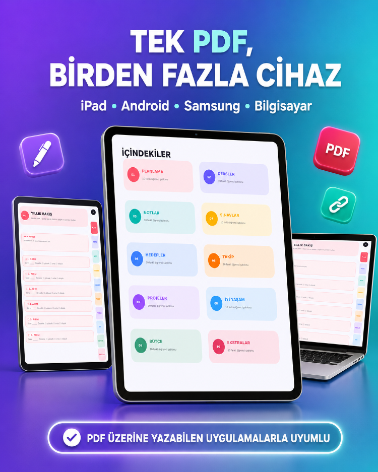100 Şablonlu Hiperlinkli Dijital Öğrenci Ajandası | iPad, Android ve Tablet Uyumlu PDF