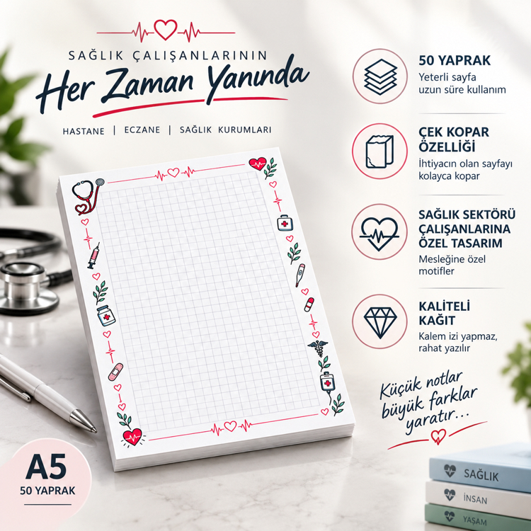 Sağlık Çalışanları İçin A5 Çek Kopar Not Defteri | 50 Yaprak
