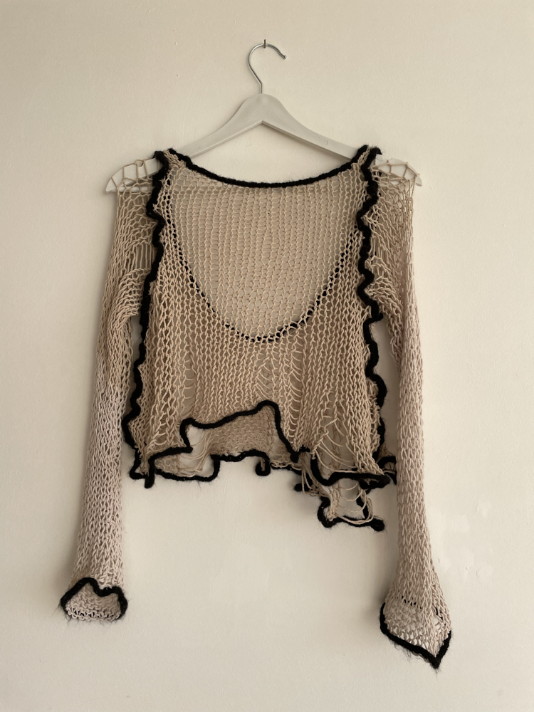 distressed cream black sweater S-M