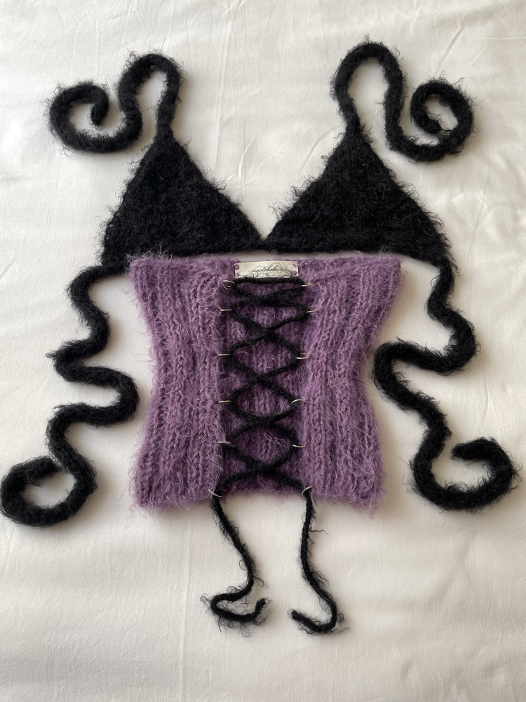 fluffy lace-up corset & bra set (S-M)