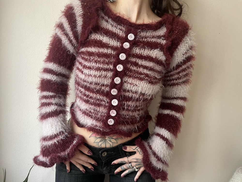 lilac & burgundy striped button-up sweater (XS-S)