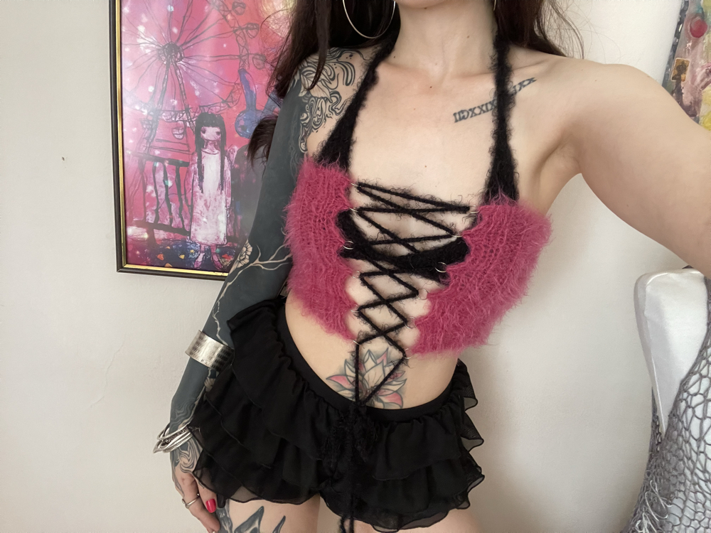 fluffy lace-up corset & bra set (S-M)