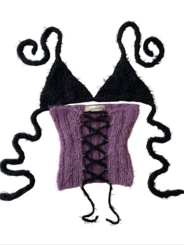 fluffy lace-up corset & bra set (S-M)