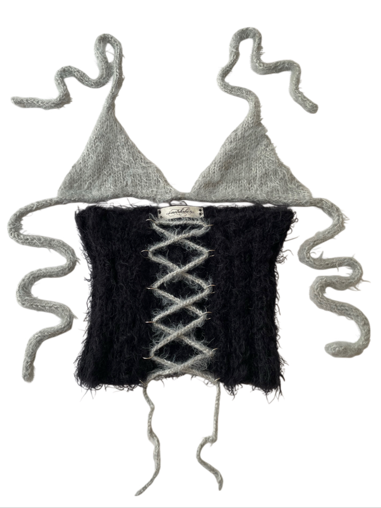 fluffy lace-up corset & bra set (S-M)