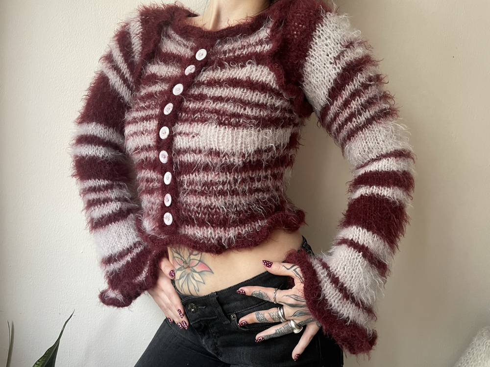 lilac & burgundy striped button-up sweater (XS-S)