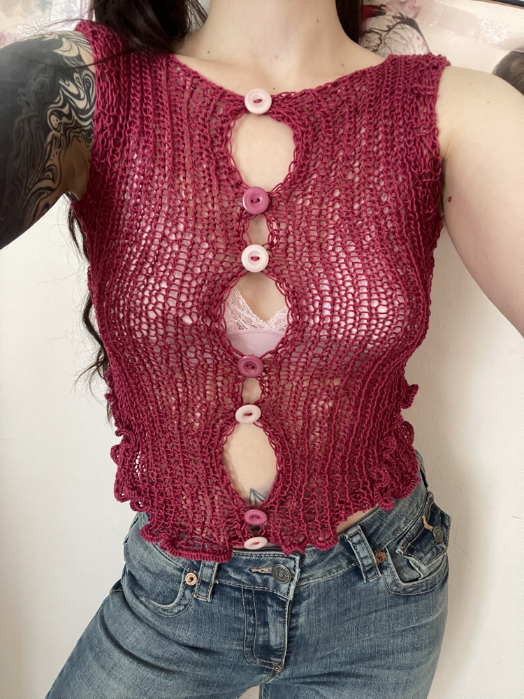 pink button-up knit top (S-M)