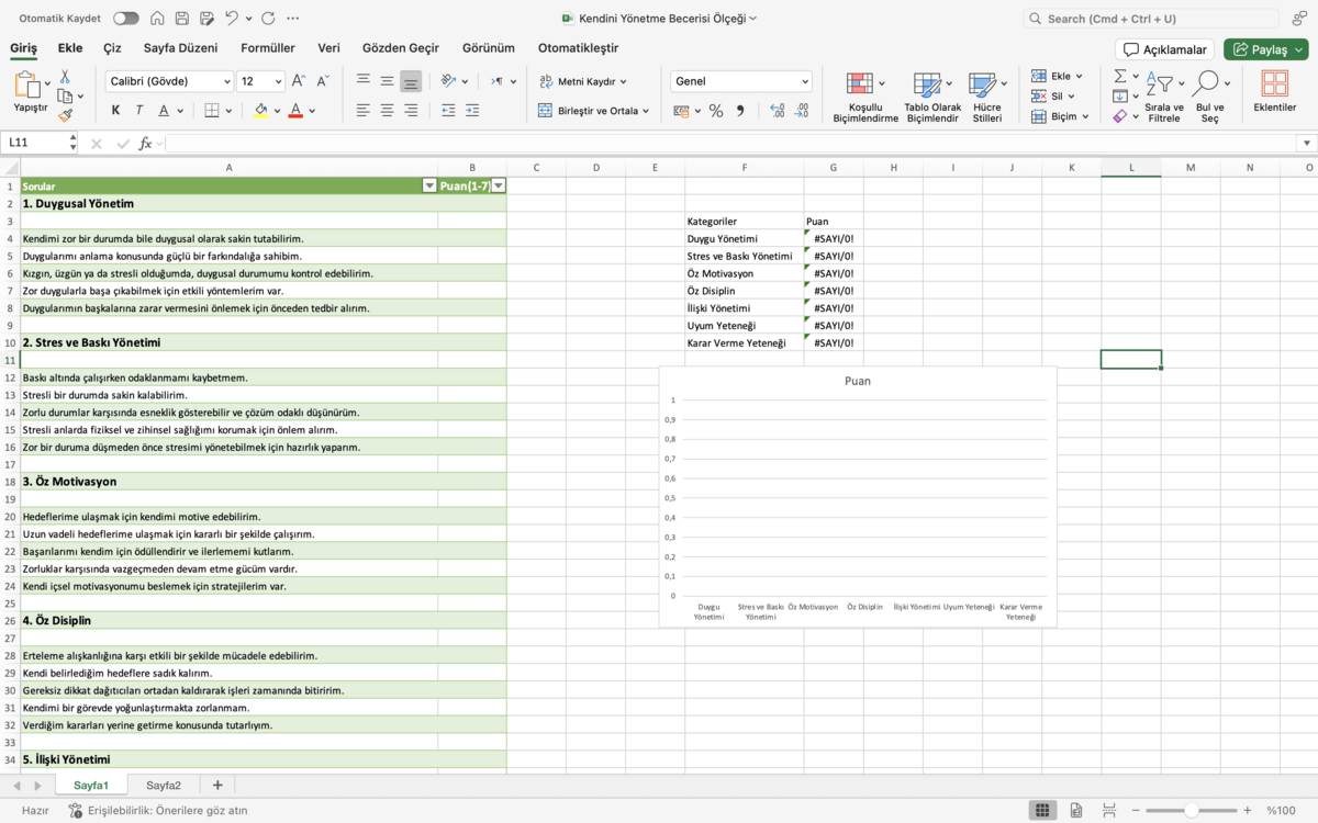 Kendini Yönetme Becerileri Ölçeği(Excel-Grafikli Sonuçlar)