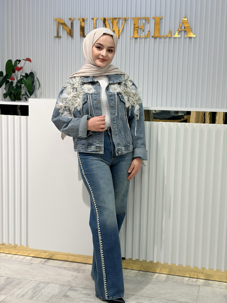 Taş ve inci işlemeli ithal kot ceket
