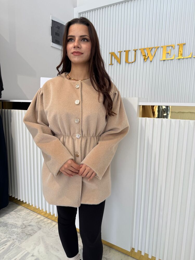 Taş Düğmeli Beli Lastikli Angora Kaban