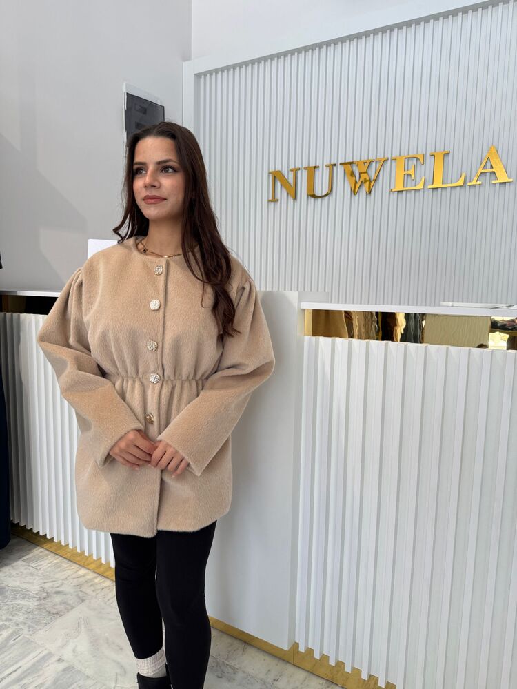 Taş Düğmeli Beli Lastikli Angora Kaban