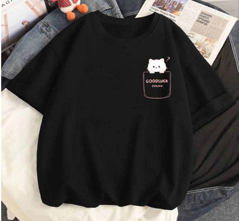 Kadın kedi baskılı bisiklet yaka t-shirt