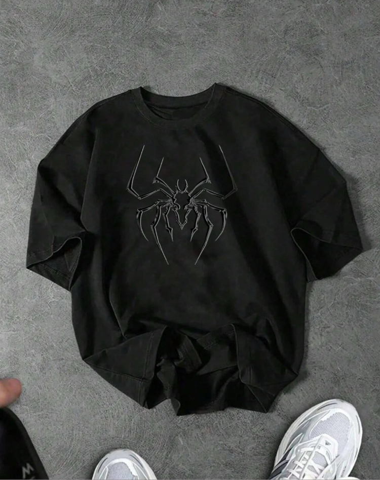 Unisex oversize kısa kollu örümcek baskılı oversize tişört