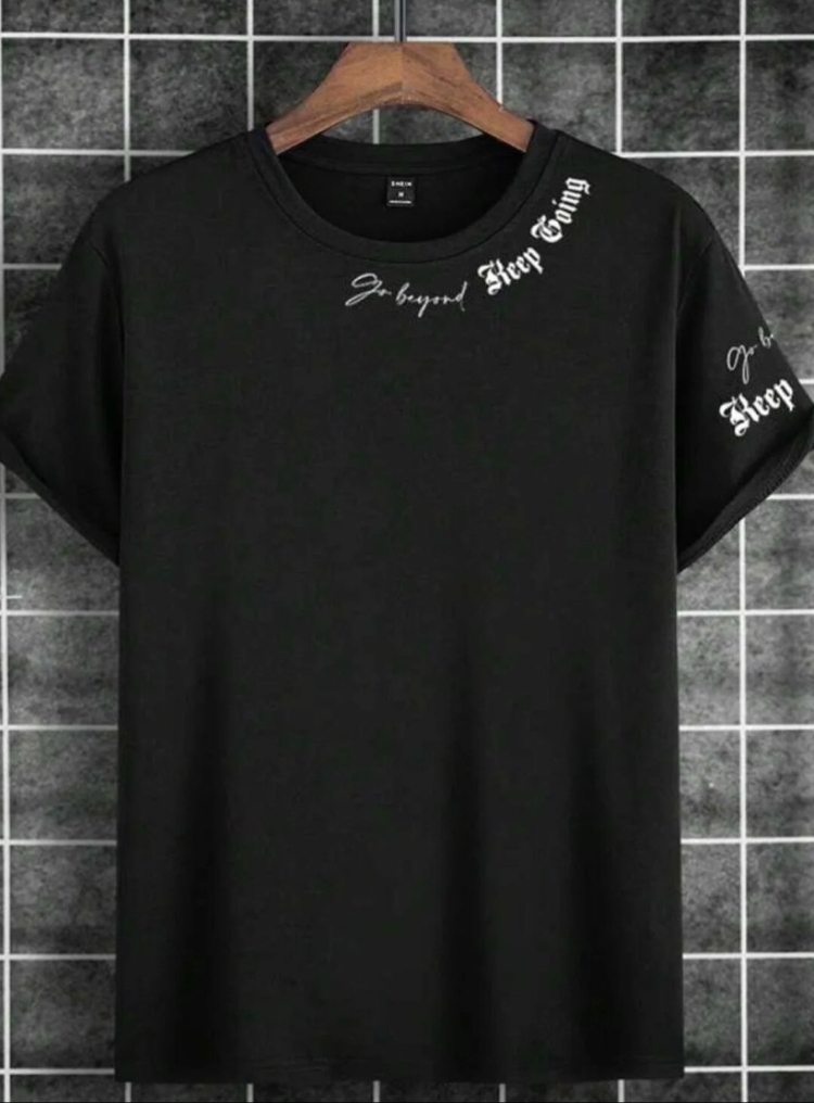 Reep baskılı Pamuk yuvarlak yaka siyah t-shirt