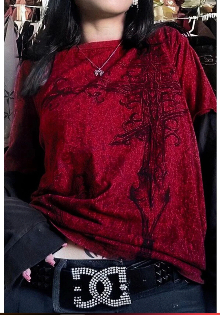 Kırçıllı bordo vintage ancient cross cyber grunge sweat tshirt