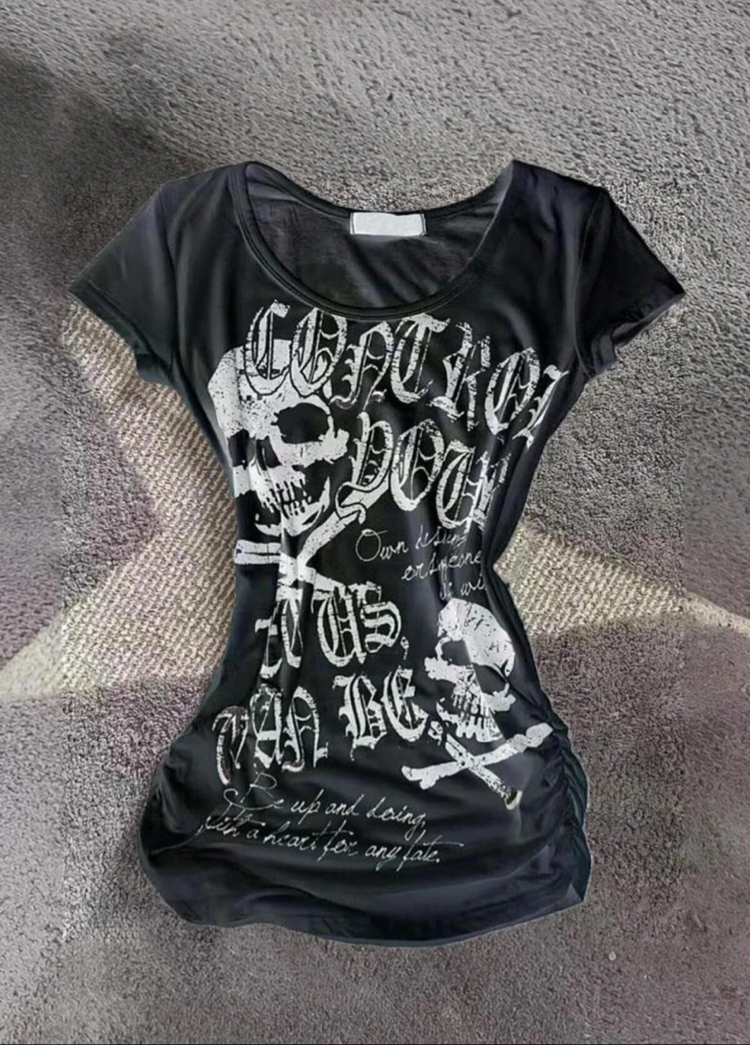 Siyah gothic Skulss Control geniş yaka Y2K kısa kollu crop