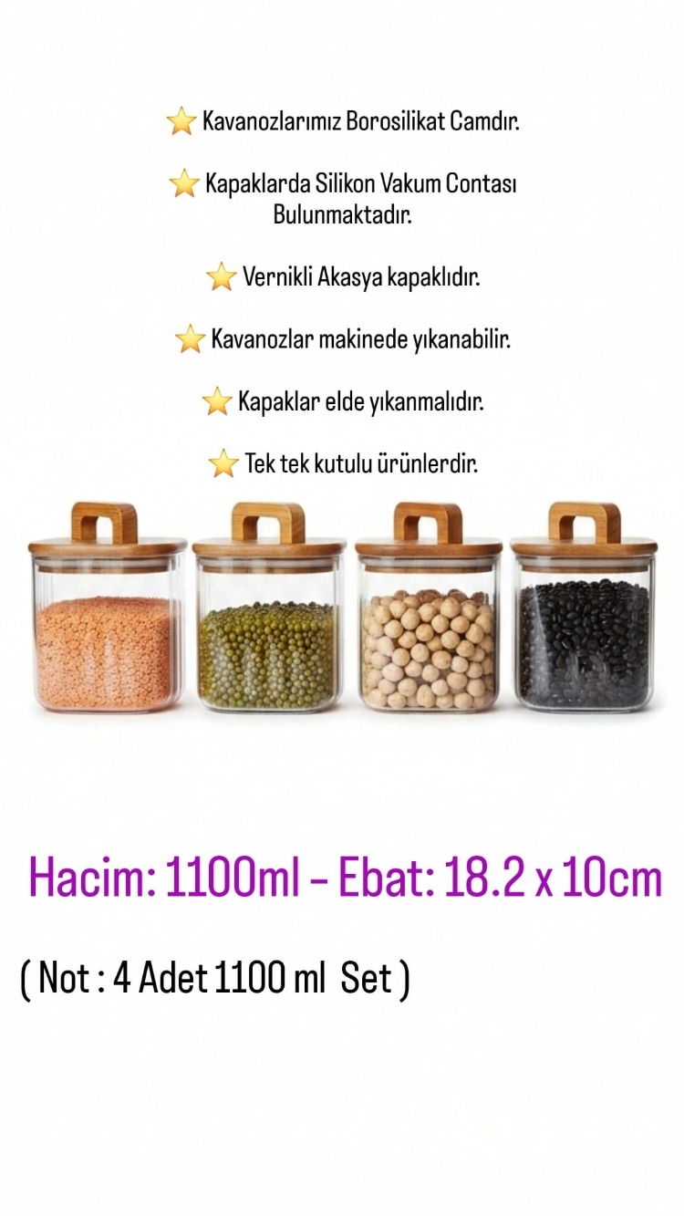 Mien 4’lü Kare Cam Saklama Kavanoz Seti –1100 ml Akasya Kapaklı, Kulplu Kavanoz Seti