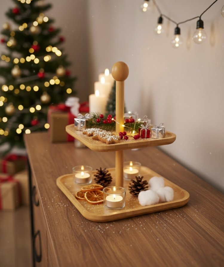 2 Katlı kare bambu sunumluk- 2 Katlı Sunum Standı