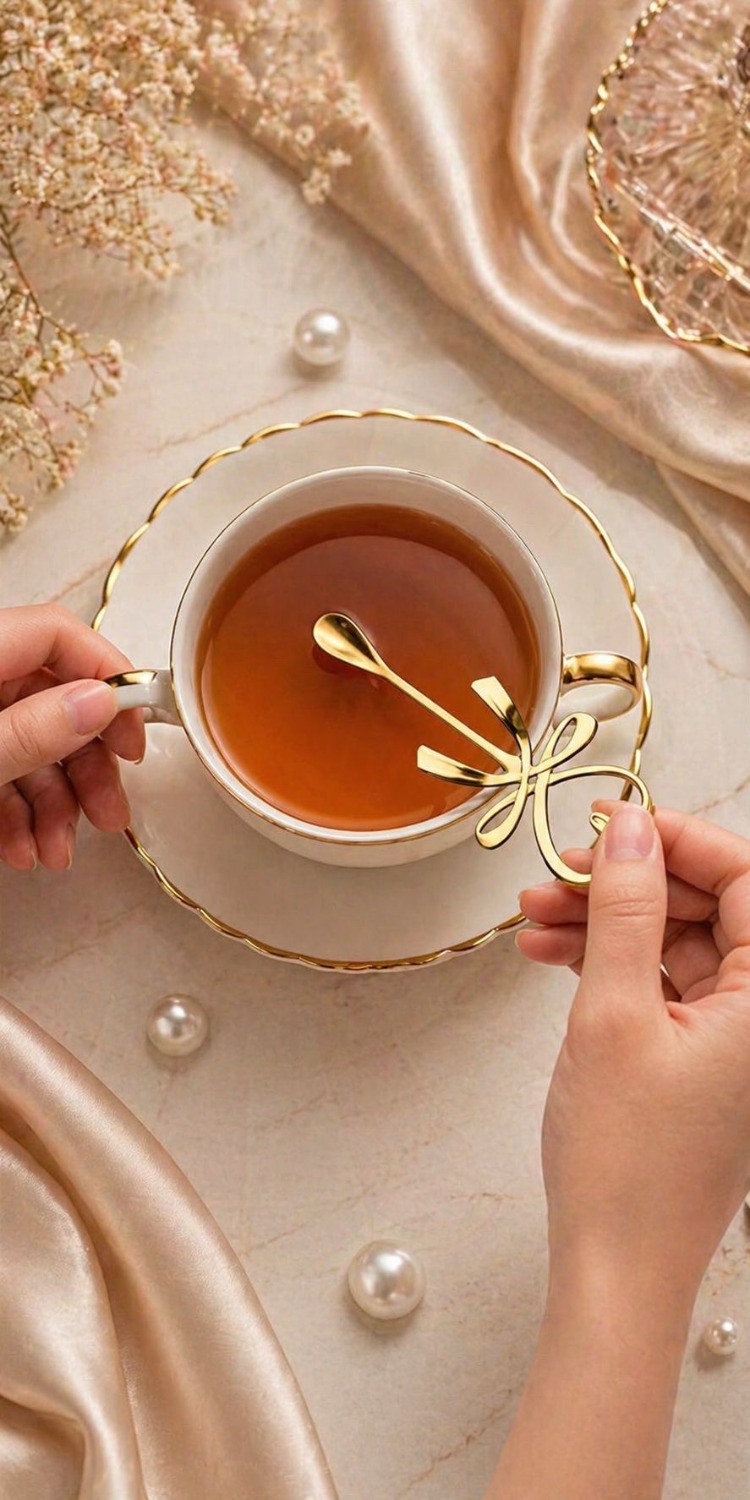 6'lı Kalpli Fiyonklu Gold Kahve Çay Kaşığı Seti-6’lı Set Şık Sunum Kaşığı