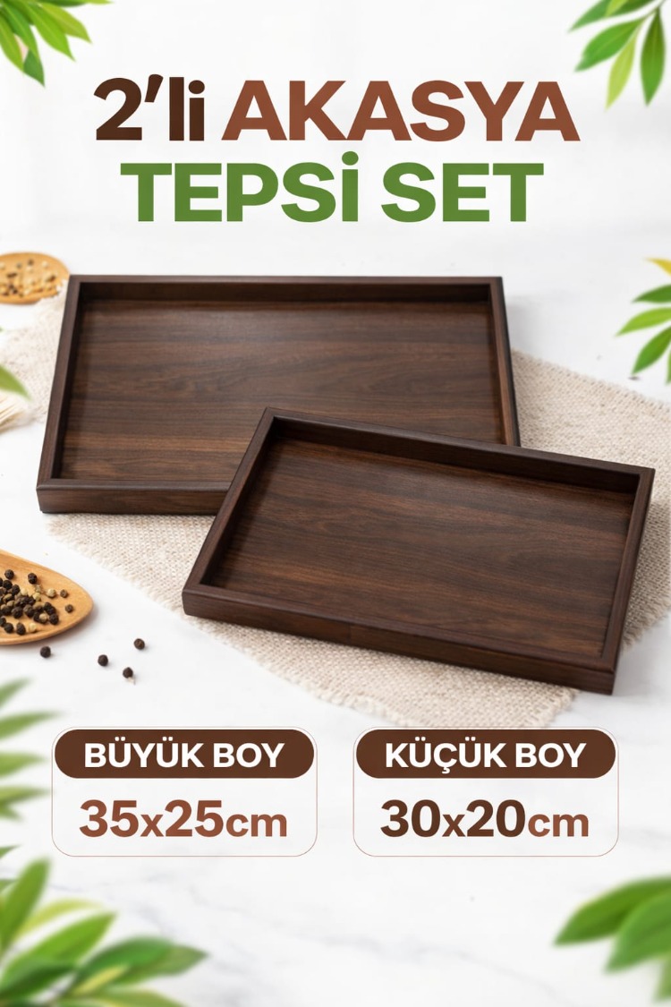 2'li Akasya Ahşap Sunum ve Dekoratif Organizer Tepsi Seti