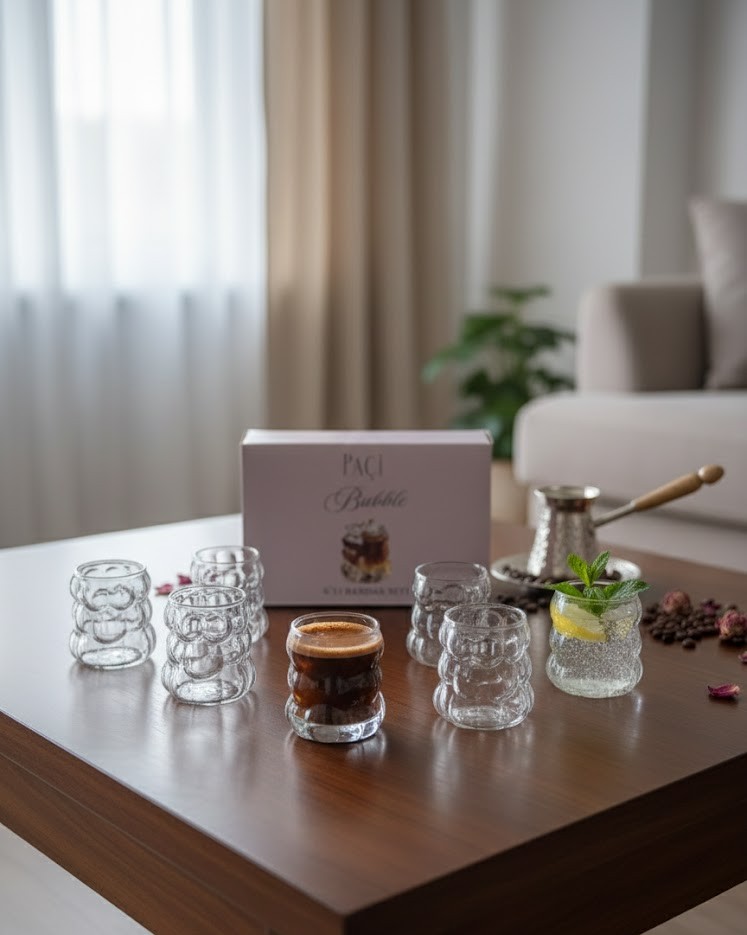Paçi Bubble 6’lı Kahve Yanı Su Bardağı Seti – Şeffaf Cam Mini Bardak